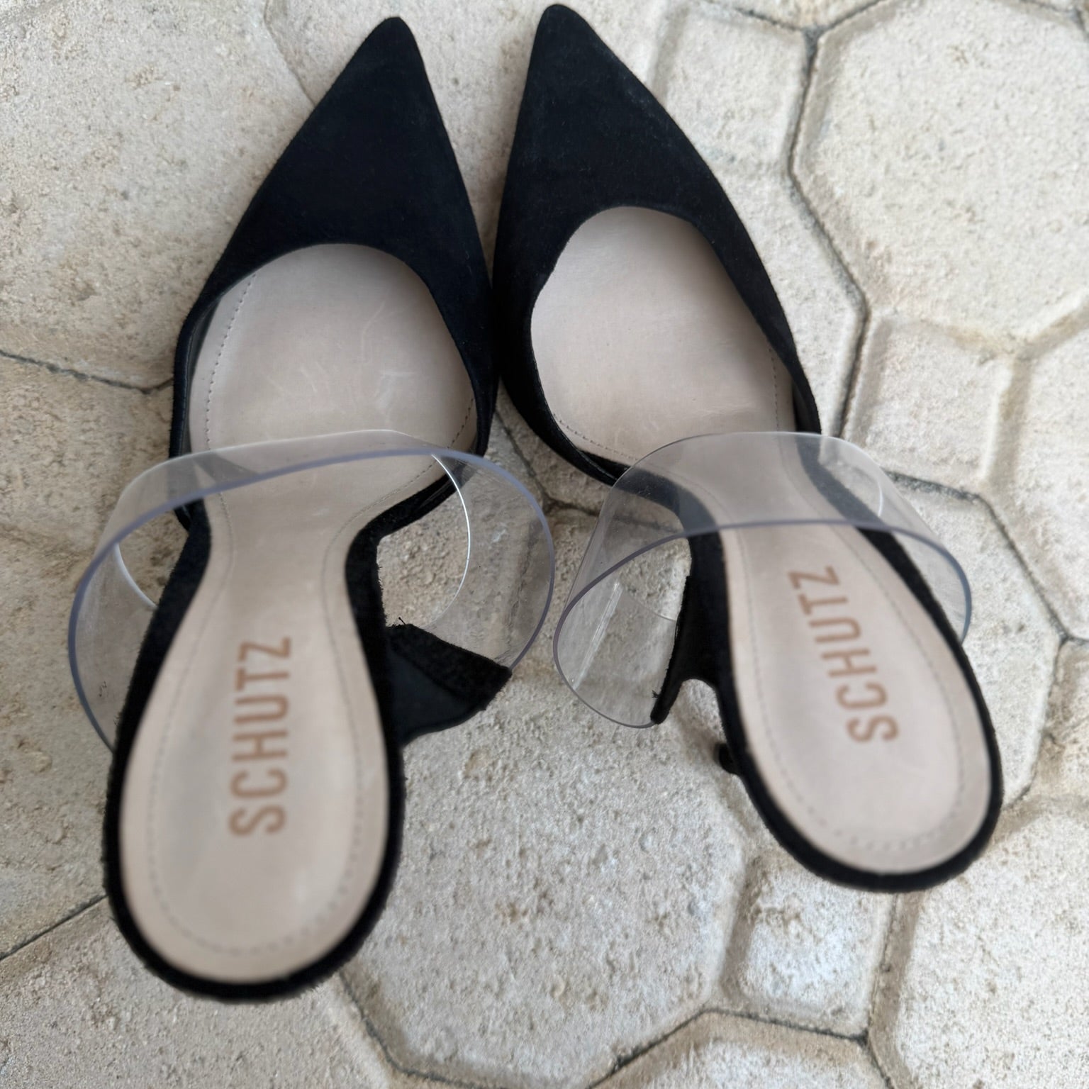 Schutz Black Suede & Vinyl Mules NWT Size 8 | Women's Pointed-Toe Designer Heels