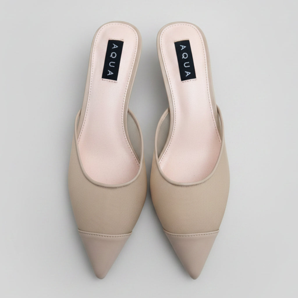 Aqua Nude Pointed Toe Kitten Heel Mules Size 8.5 | Women's Slip-On Heels