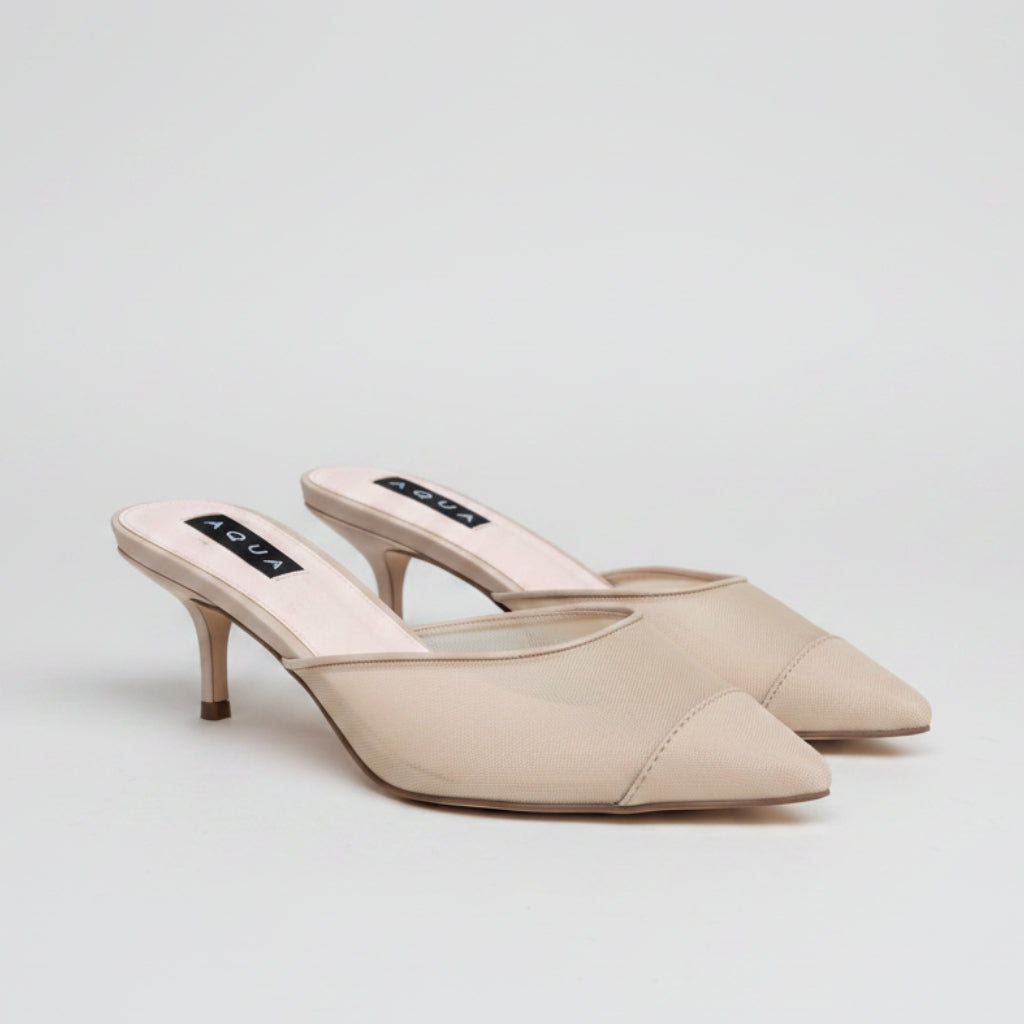 Aqua Nude Pointed Toe Kitten Heel Mules Size 8.5 | Women's Slip-On Heels