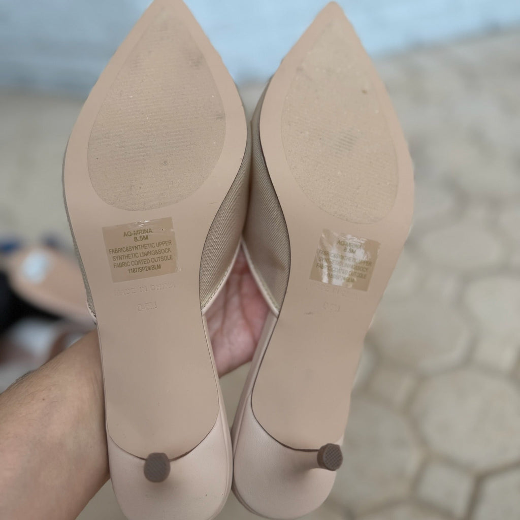 Aqua Nude Pointed Toe Kitten Heel Mules Size 8.5 | Women's Slip-On Heels