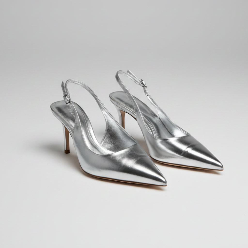 Zara Metallic Silver Slingback Kitten Heels Size 38 | Women's Pointed-Toe Pumps