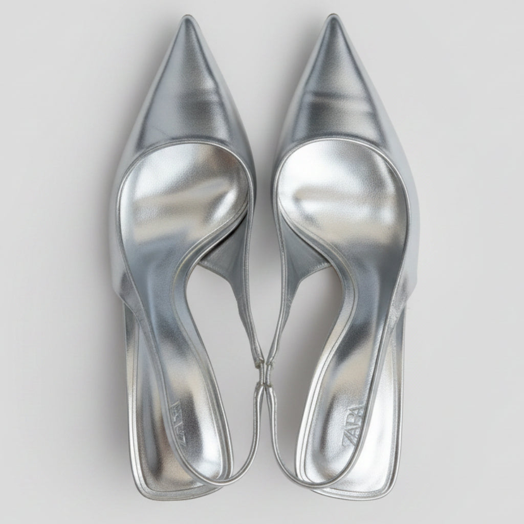Zara Metallic Silver Slingback Kitten Heels Size 38 | Women's Pointed-Toe Pumps