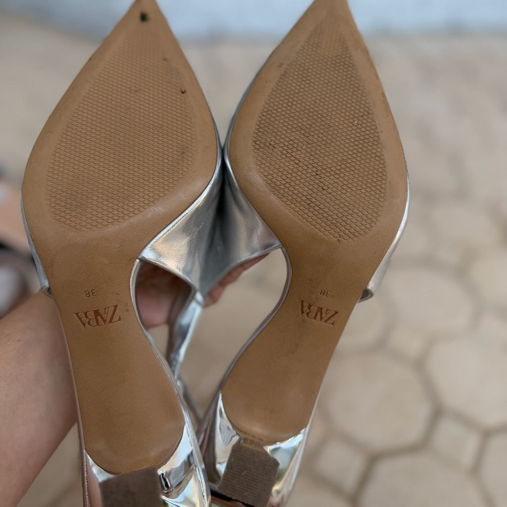 Zara Metallic Silver Slingback Kitten Heels Size 38 | Women's Pointed-Toe Pumps