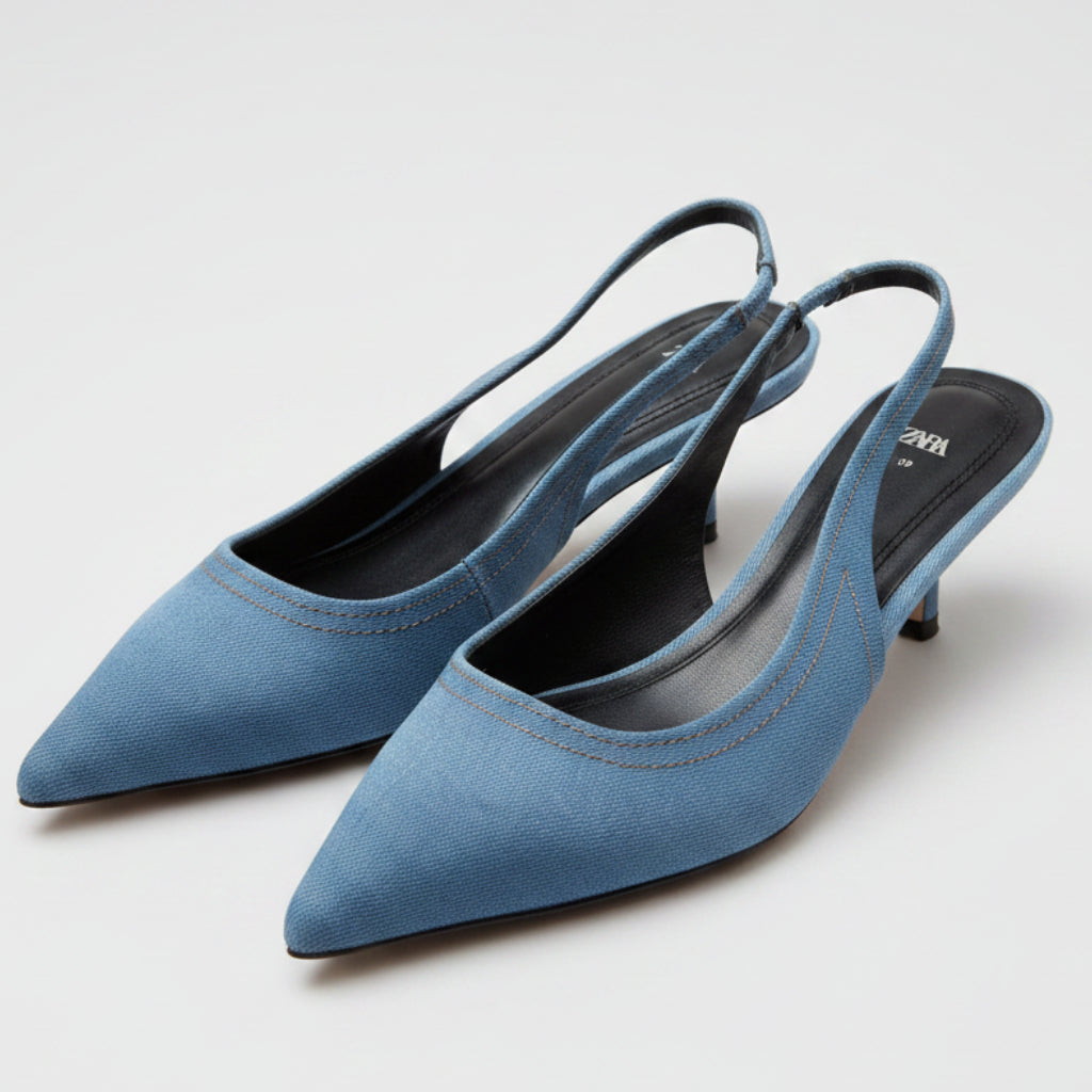 Zara Denim Slingback Kitten Heels Size 39 | Women's Pointed-Toe Pumps