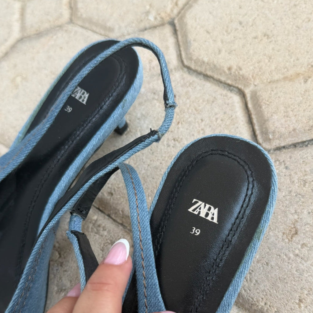 Zara Denim Slingback Kitten Heels Size 39 | Women's Pointed-Toe Pumps