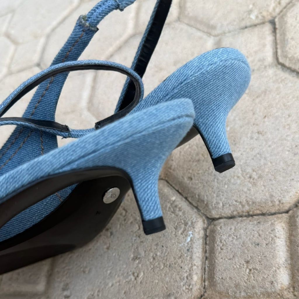 Zara Denim Slingback Kitten Heels Size 39 | Women's Pointed-Toe Pumps