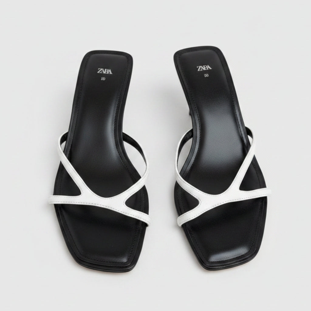 Zara Black & White Strappy Kitten Heel Sandals Size 39 | Women's Slingback Heels