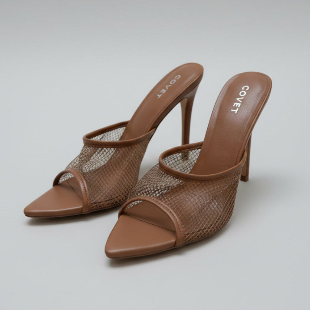 Covet Tan Mesh Stiletto Mules Size 39 | Women's Pointed-Toe Heels