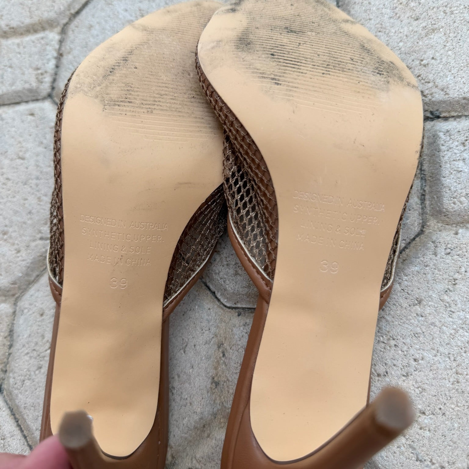 Covet Tan Mesh Stiletto Mules Size 39 | Women's Pointed-Toe Heels