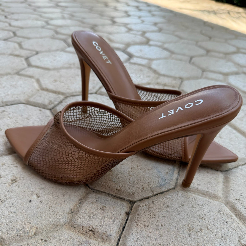 Covet Tan Mesh Stiletto Mules Size 39 | Women's Pointed-Toe Heels