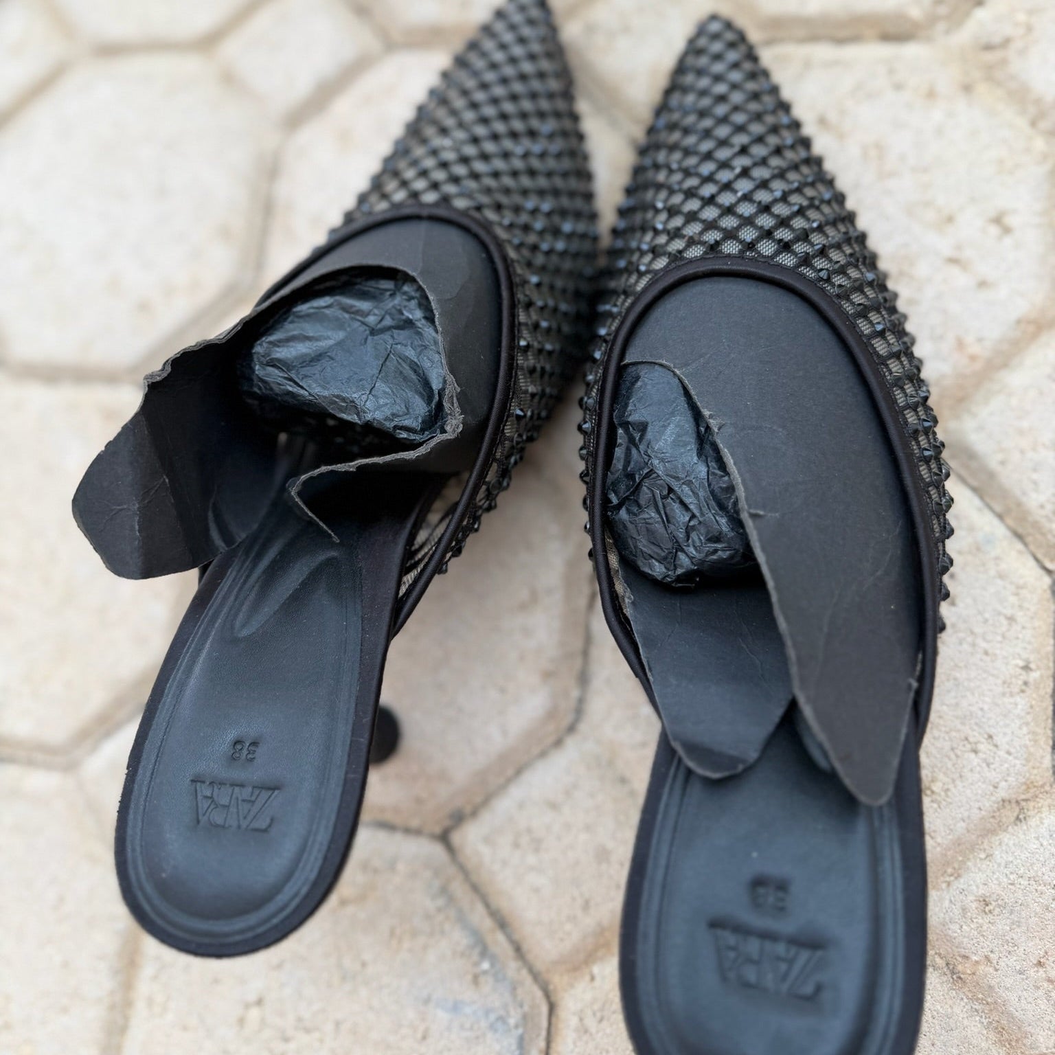 Zara Embellished Mesh Mules Size 38 | Women's Rhinestone Heels