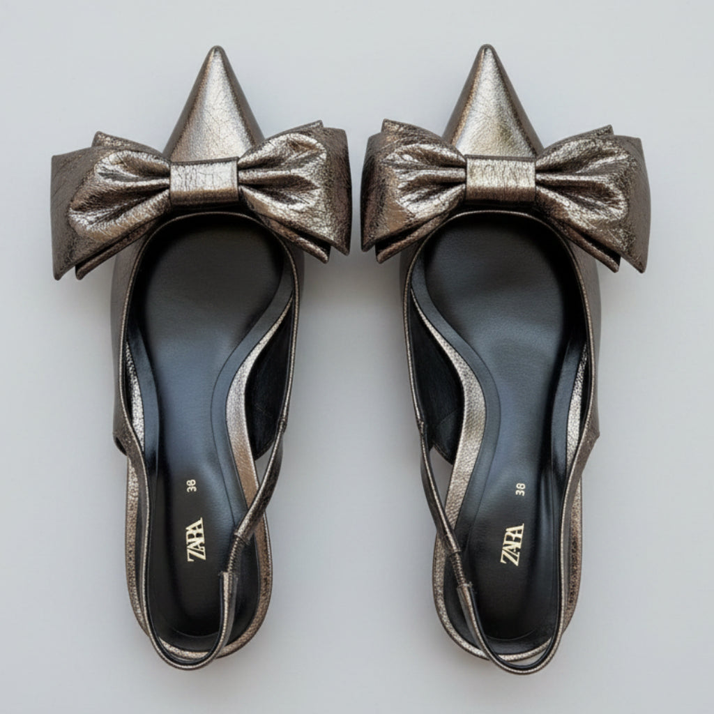 Zara Metallic Bow Slingback Heels NWOT Size 38 | Women's Pointed-Toe Pumps