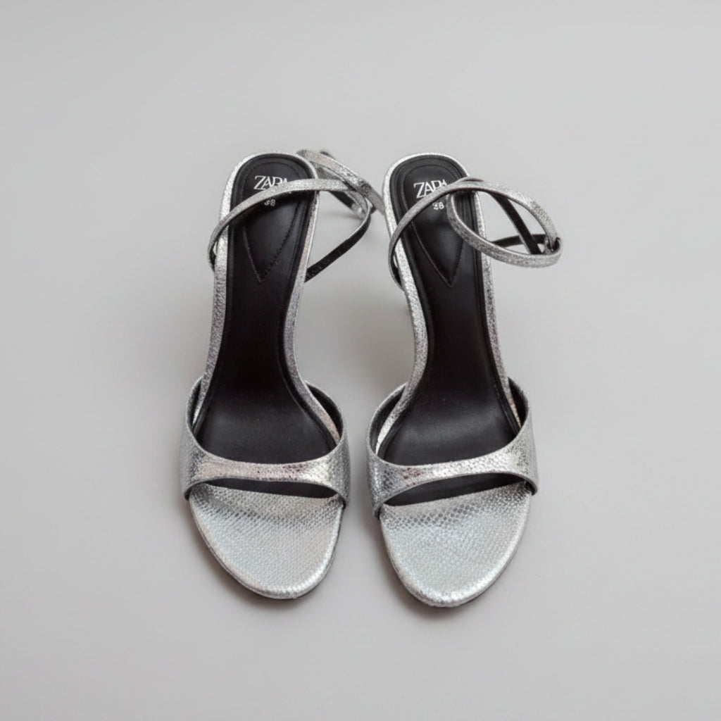 Zara Metallic Snake-Effect Ankle-Strap Sandals Size 38 | Women's High Heel Sandals