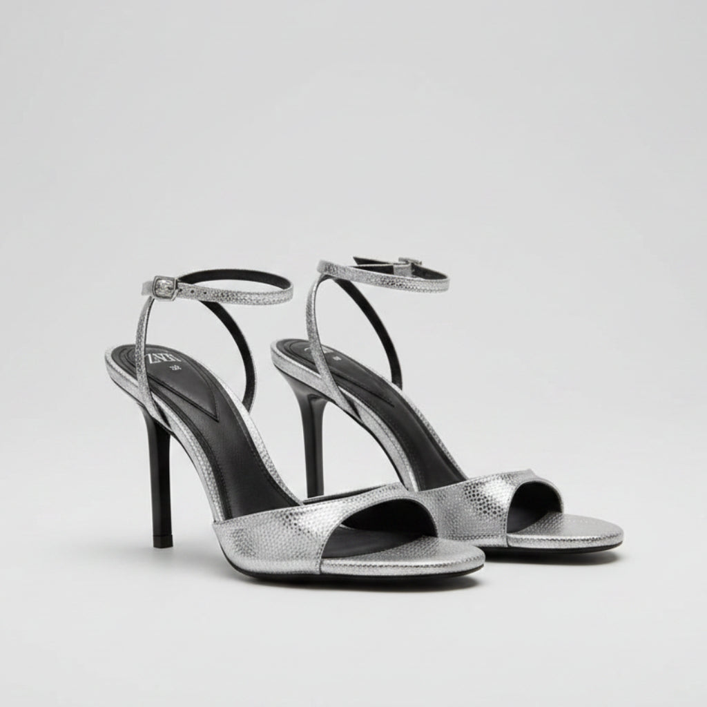 Zara Metallic Snake-Effect Ankle-Strap Sandals Size 38 | Women's High Heel Sandals