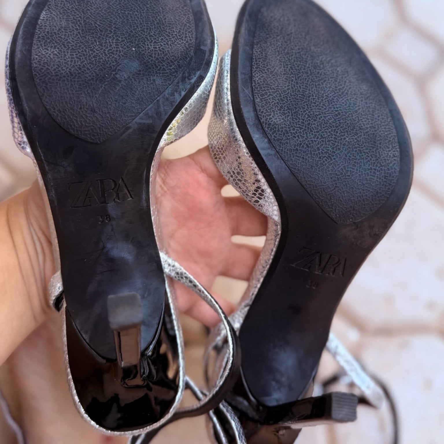 Zara Metallic Snake-Effect Ankle-Strap Sandals Size 38 | Women's High Heel Sandals