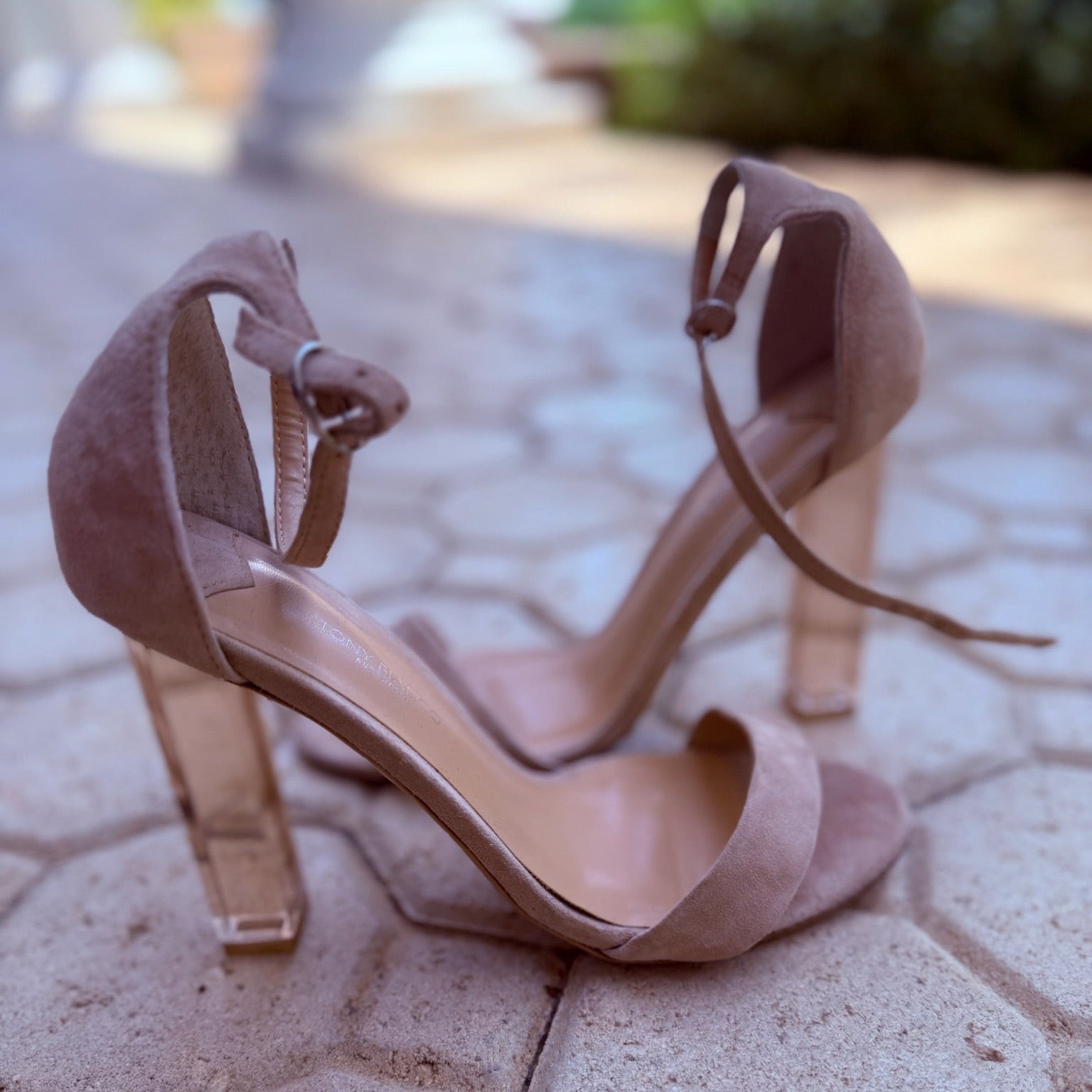 Tony Bianco Nude Suede Lucite Heels Size 7.5 | Women's Clear Heel Sandals