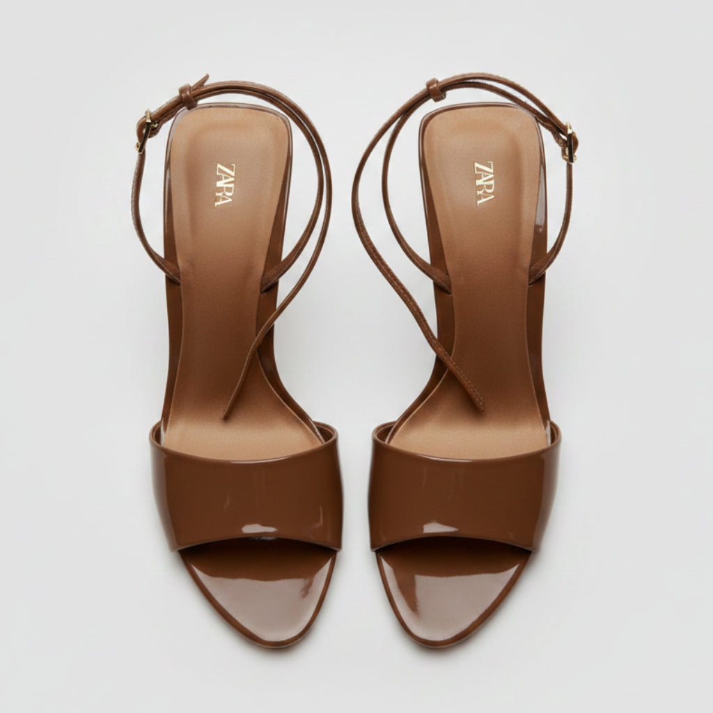 Zara Brown Patent Ankle-Strap Heels Size 38 | Women's High Heel Sandals