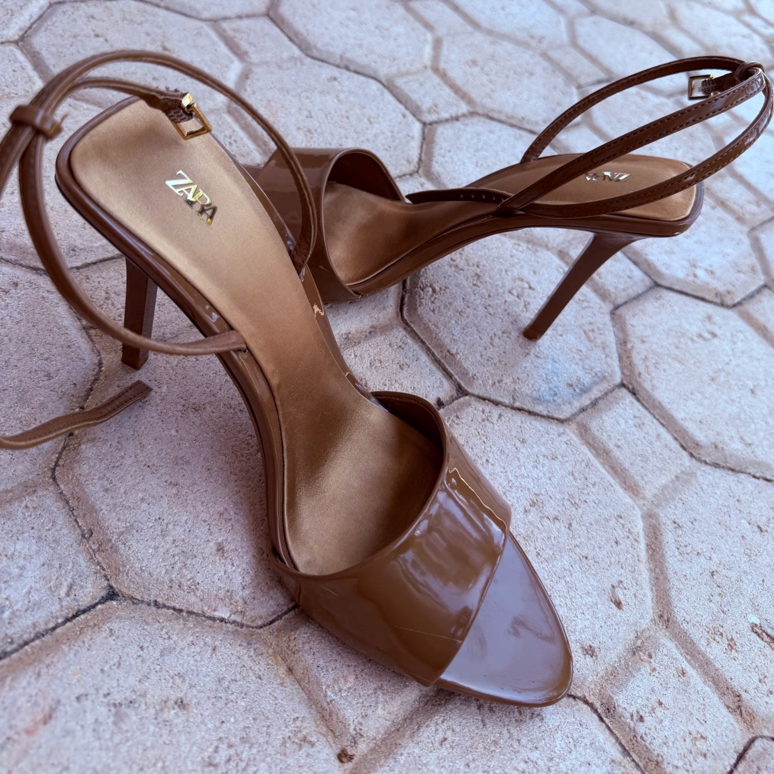 Zara Brown Patent Ankle-Strap Heels Size 38 | Women's High Heel Sandals