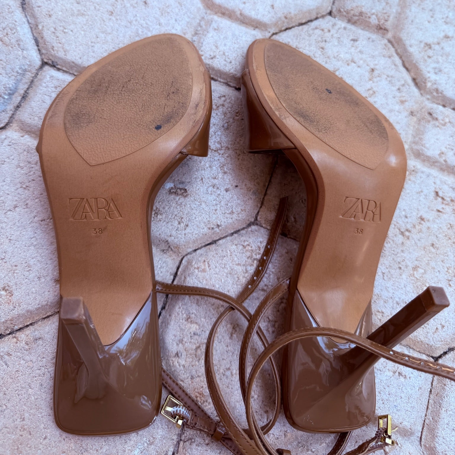 Zara Brown Patent Ankle-Strap Heels Size 38 | Women's High Heel Sandals