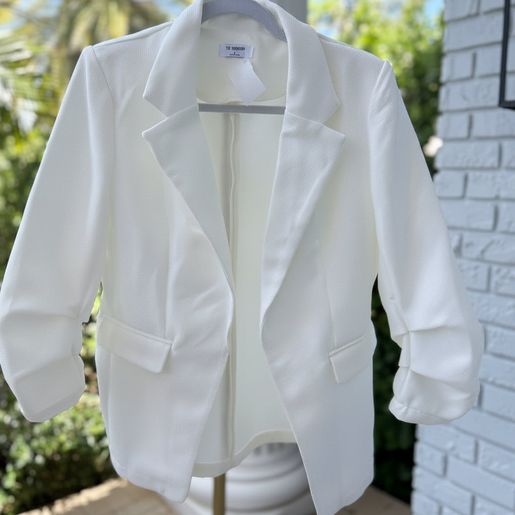 The Workshop Dori Ruched Sleeve White Blazer Size Large