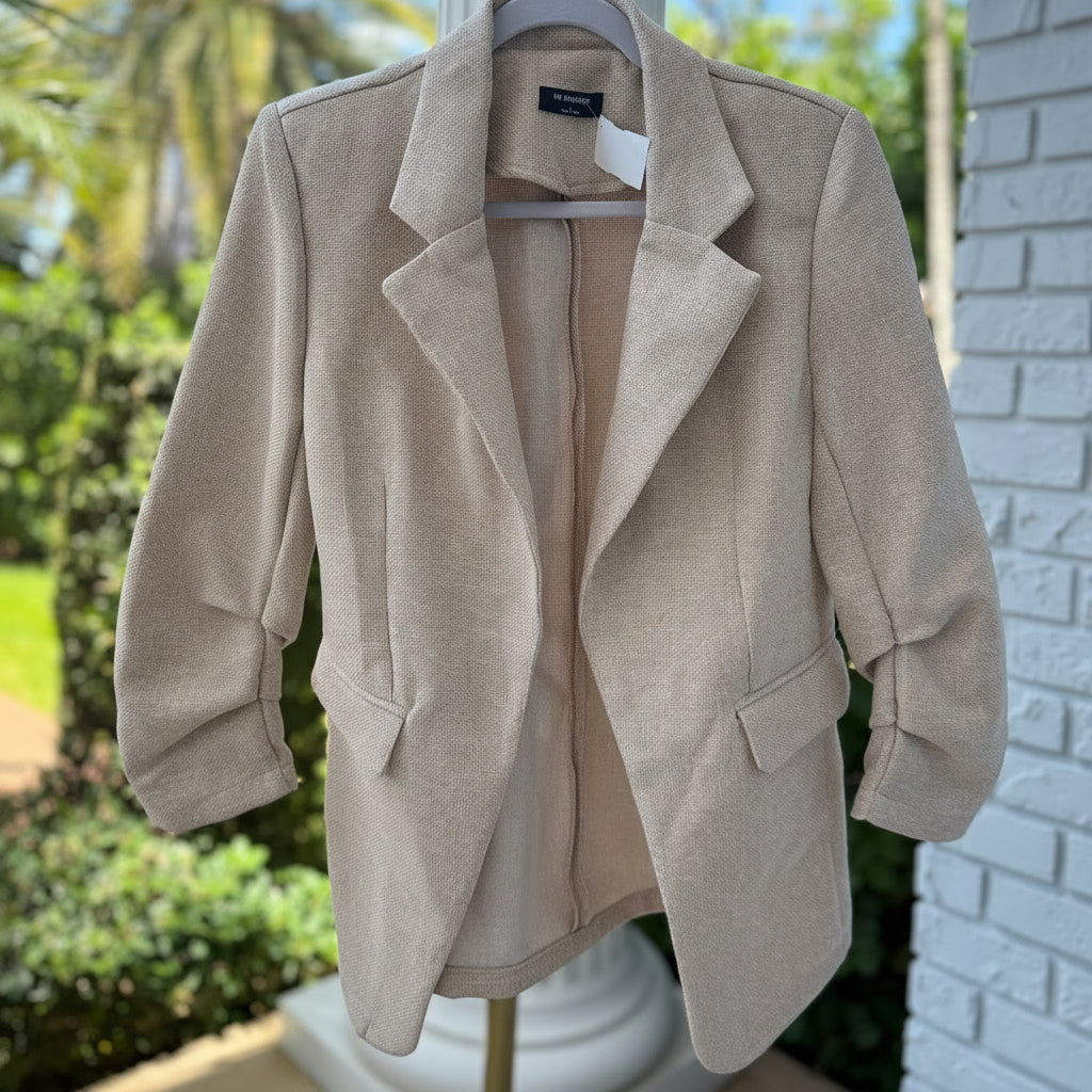 The Workshop Dori Ruched Sleeve Beige Blazer Size Large