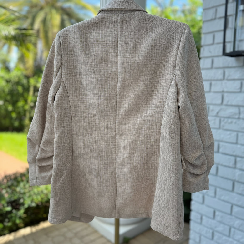 The Workshop Dori Ruched Sleeve Beige Blazer Size Large