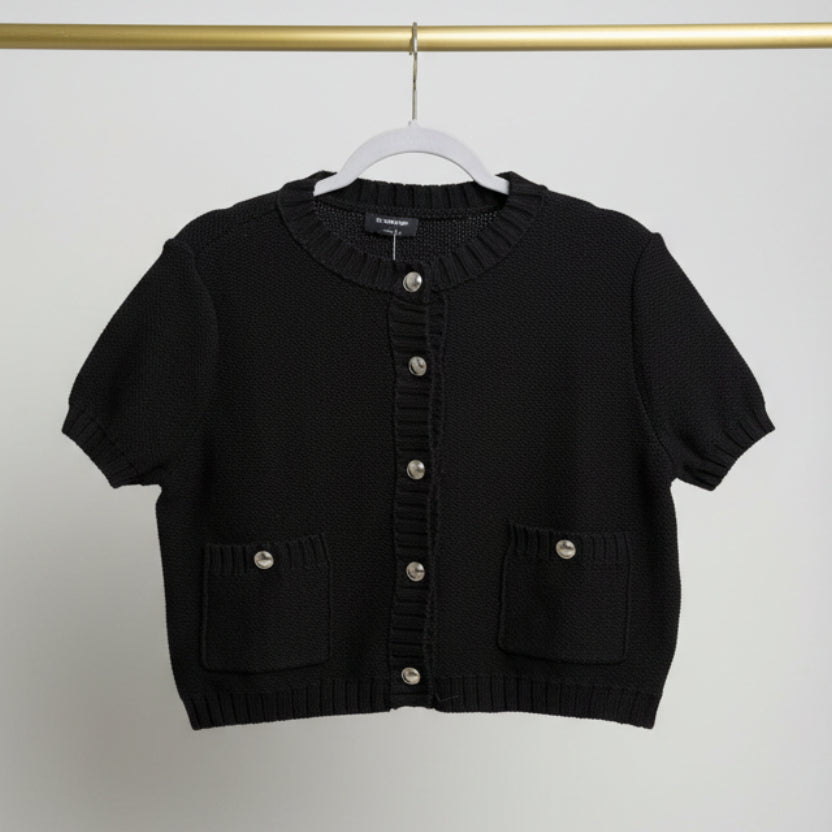 The Workshop Black Short Sleeve Knit Cardigan Size Large (Runs Small)