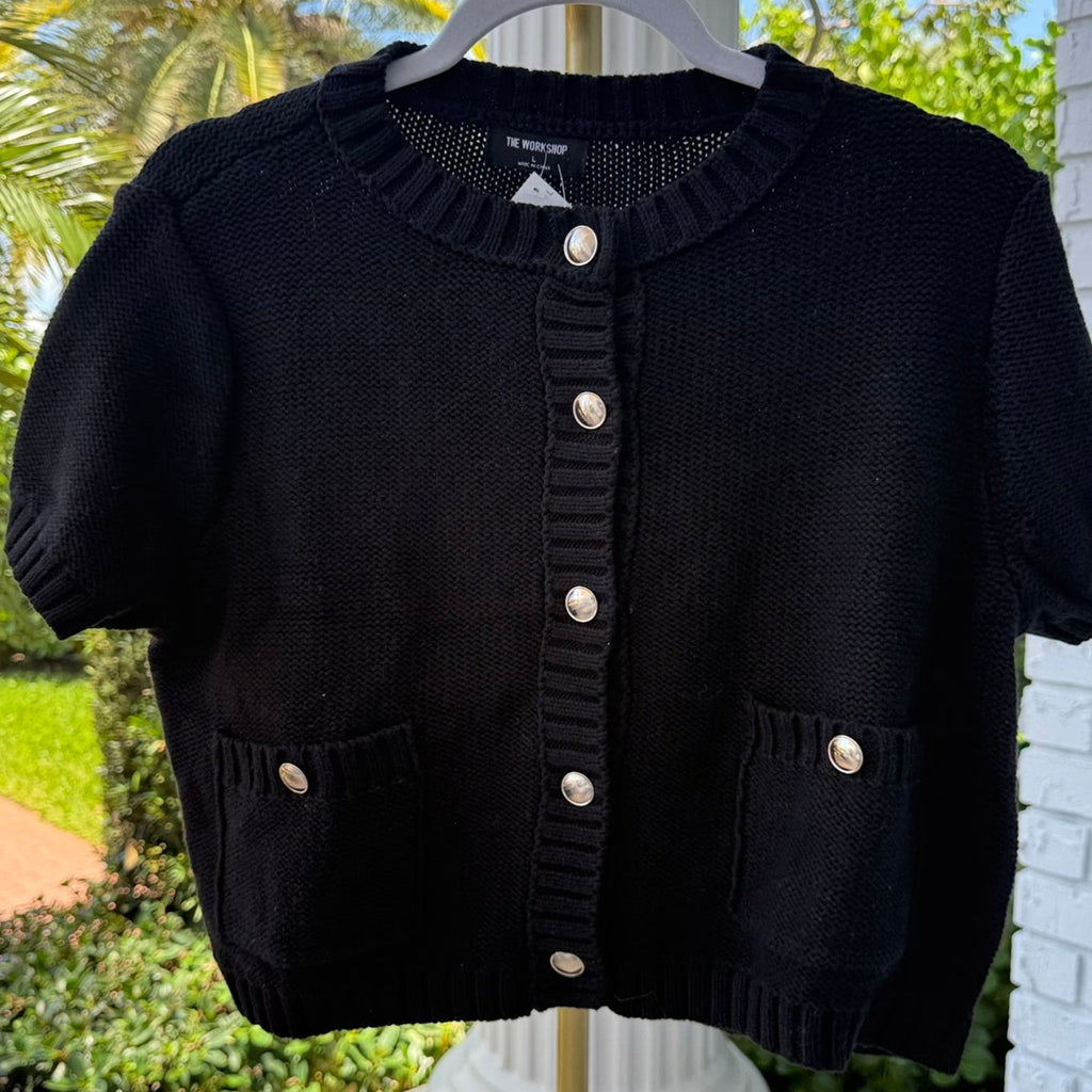 The Workshop Black Short Sleeve Knit Cardigan Size Large (Runs Small)