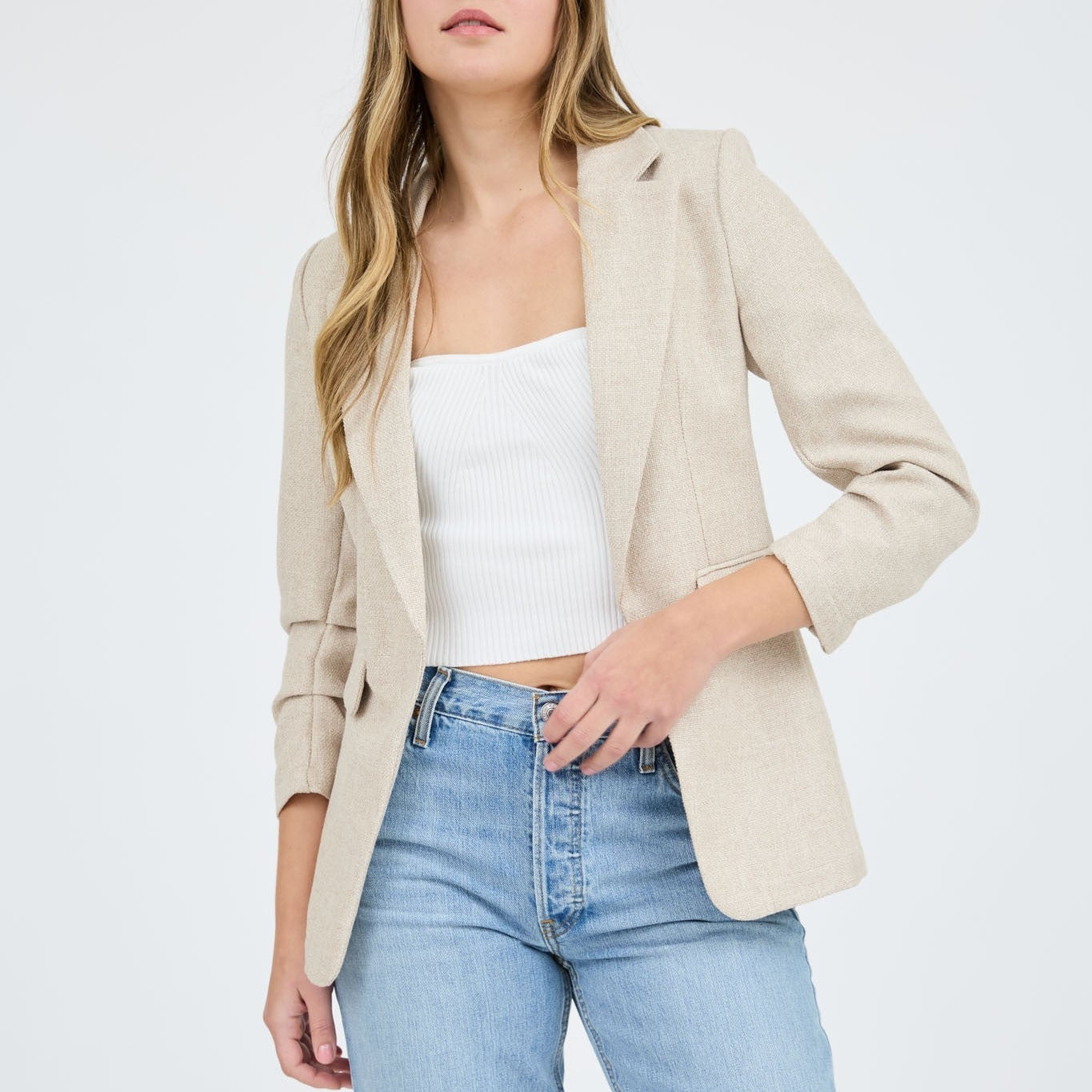 The Workshop Dori Ruched Sleeve Beige Blazer Size Large