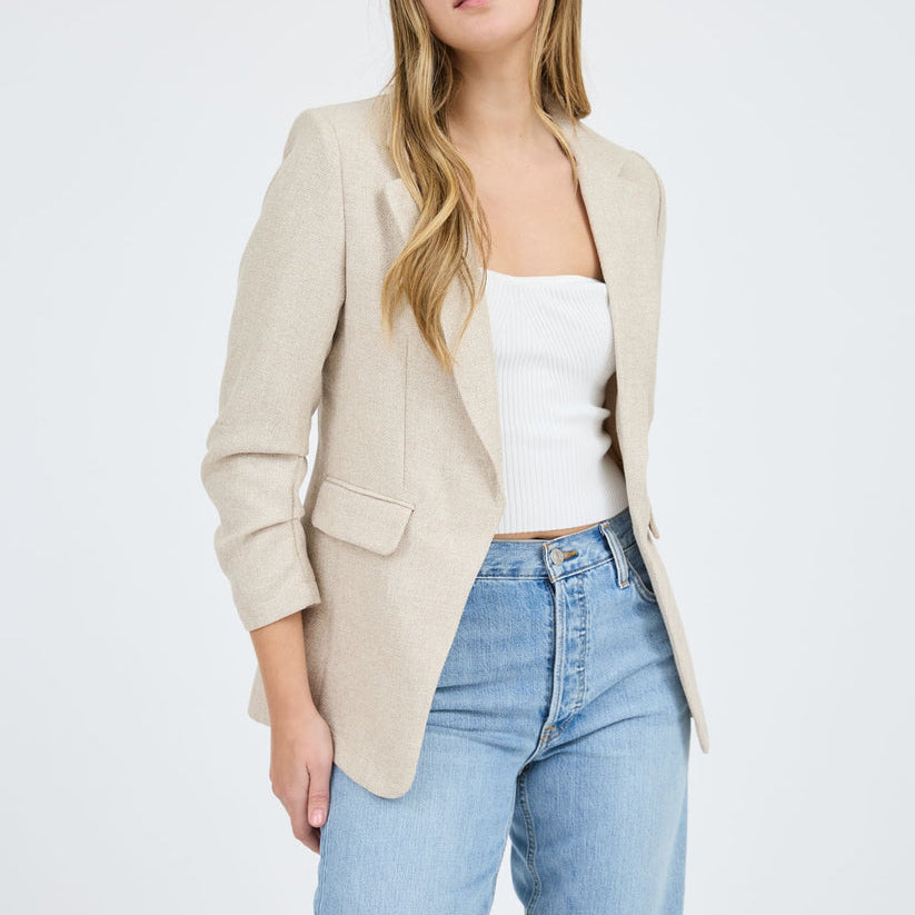 The Workshop Dori Ruched Sleeve Beige Blazer Size Large