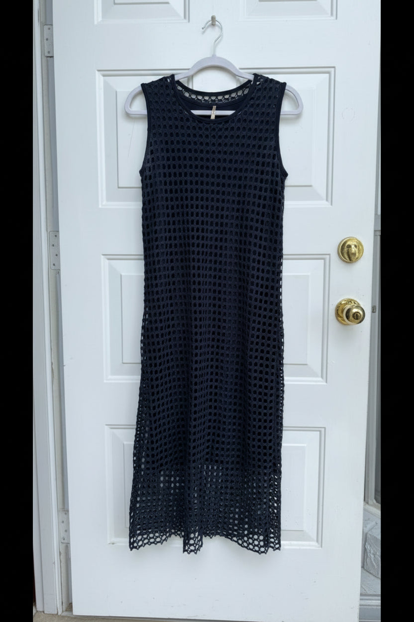 Pete Sleeveless Crochet Overlay Midi Dress Navy Size Medium