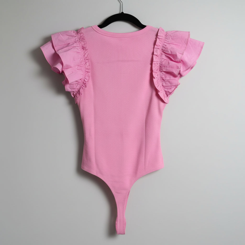 Day & Moon Pink Ruffle Sleeve Bodysuit NWT Size S | Flutter Sleeve Knit Bodysuit