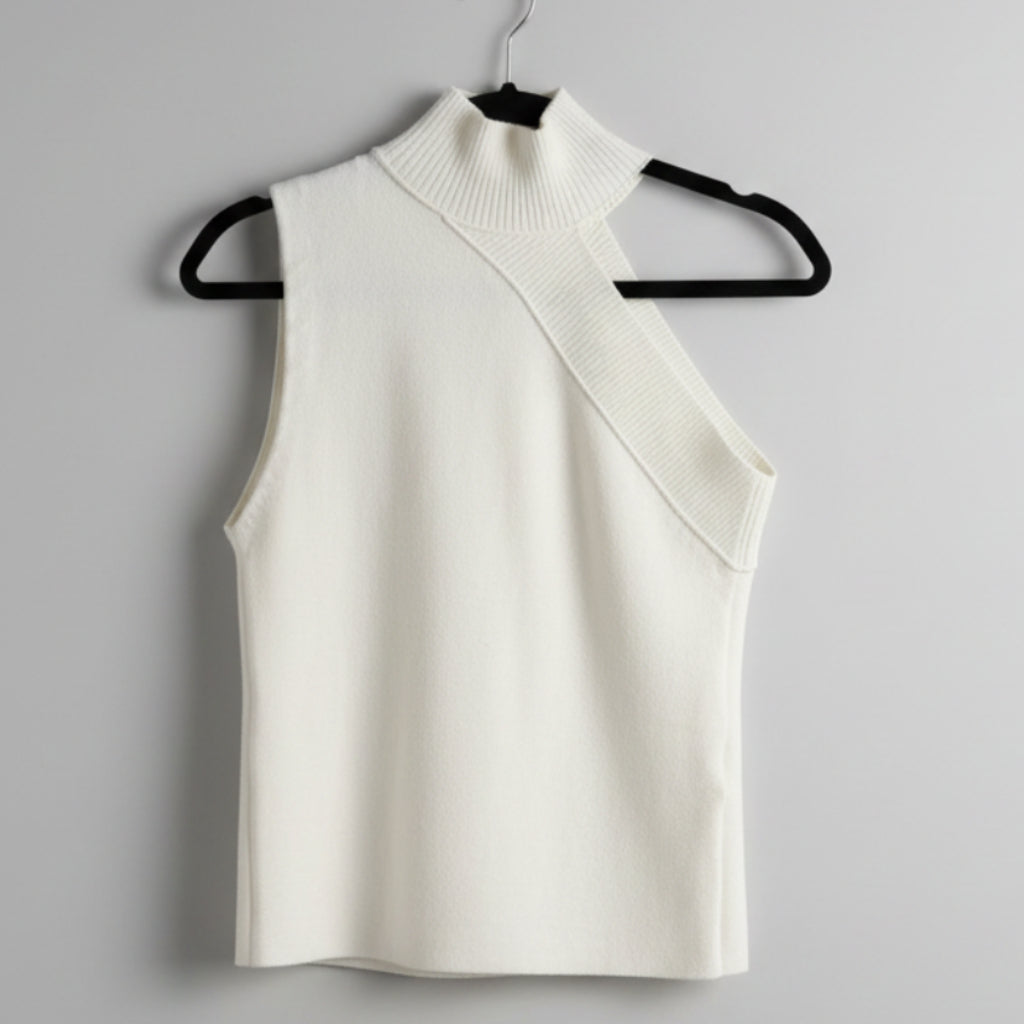 Alice + Olivia Asymmetrical Mock Neck Top Size L | White Sleeveless Designer Blouse