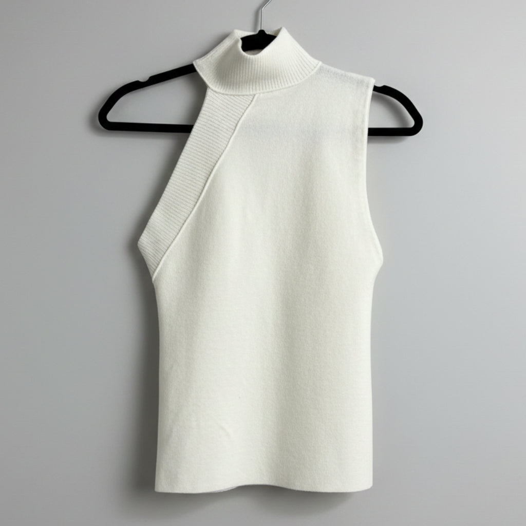 Alice + Olivia Asymmetrical Mock Neck Top Size L | White Sleeveless Designer Blouse