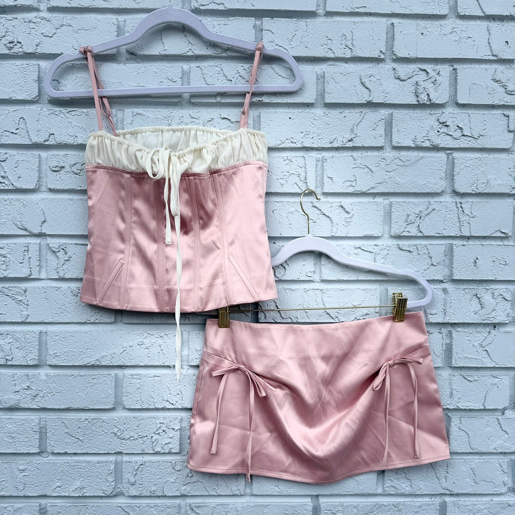 With Jean Pink Satin Corset Top (Size S) and Skirt (Size XS) Corset Set