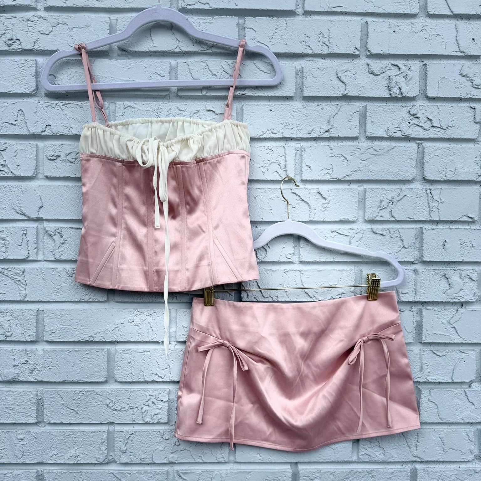 With Jean Pink Satin Corset Top (Size S) and Skirt (Size XS) Corset Set