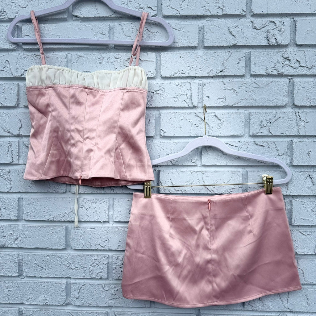 With Jean Pink Satin Corset Top (Size S) and Skirt (Size XS) Corset Set