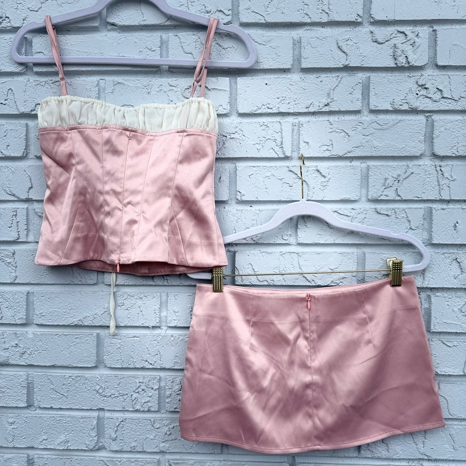 With Jean Pink Satin Corset Top (Size S) and Skirt (Size XS) Corset Set