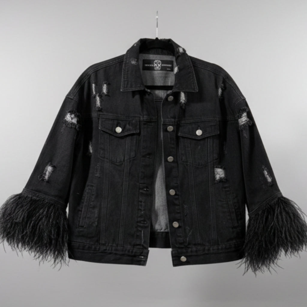 Hipchik Couture Distressed Feather-Cuff Denim Jacket Size M | Statement Jacket