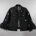 Hipchik Couture Distressed Feather-Cuff Denim Jacket Size M | Statement Jacket