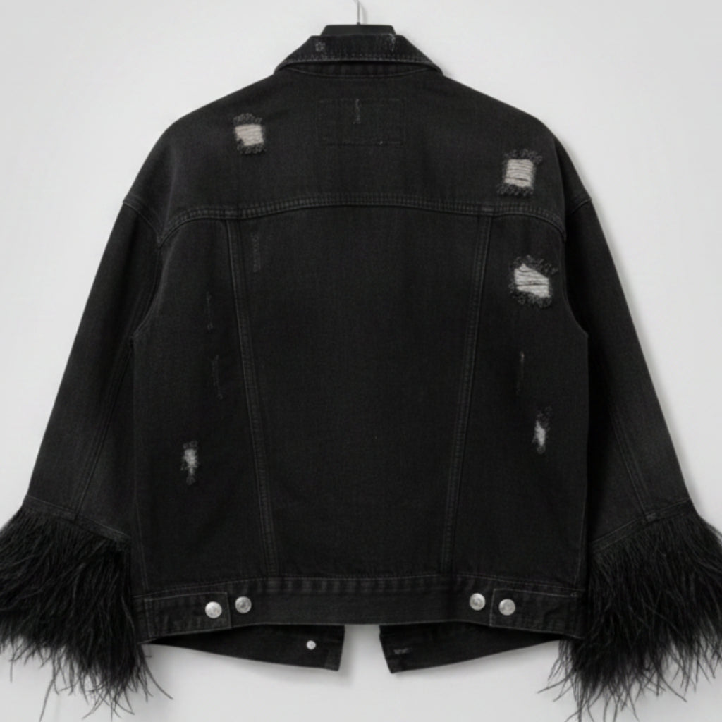 Hipchik Couture Distressed Feather-Cuff Denim Jacket Size M | Statement Jacket