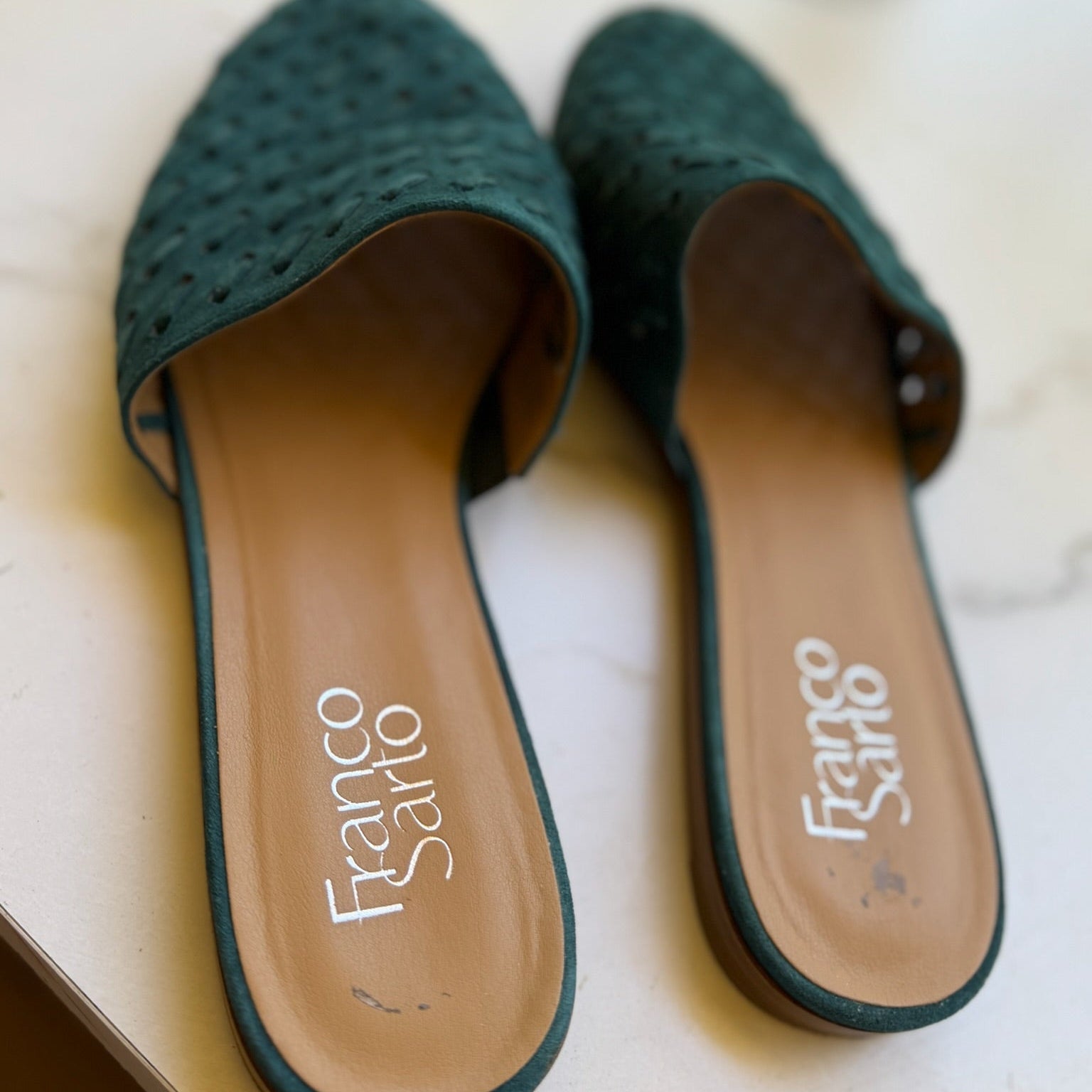Franco Sarto Green Woven Suede Mules Size 8
