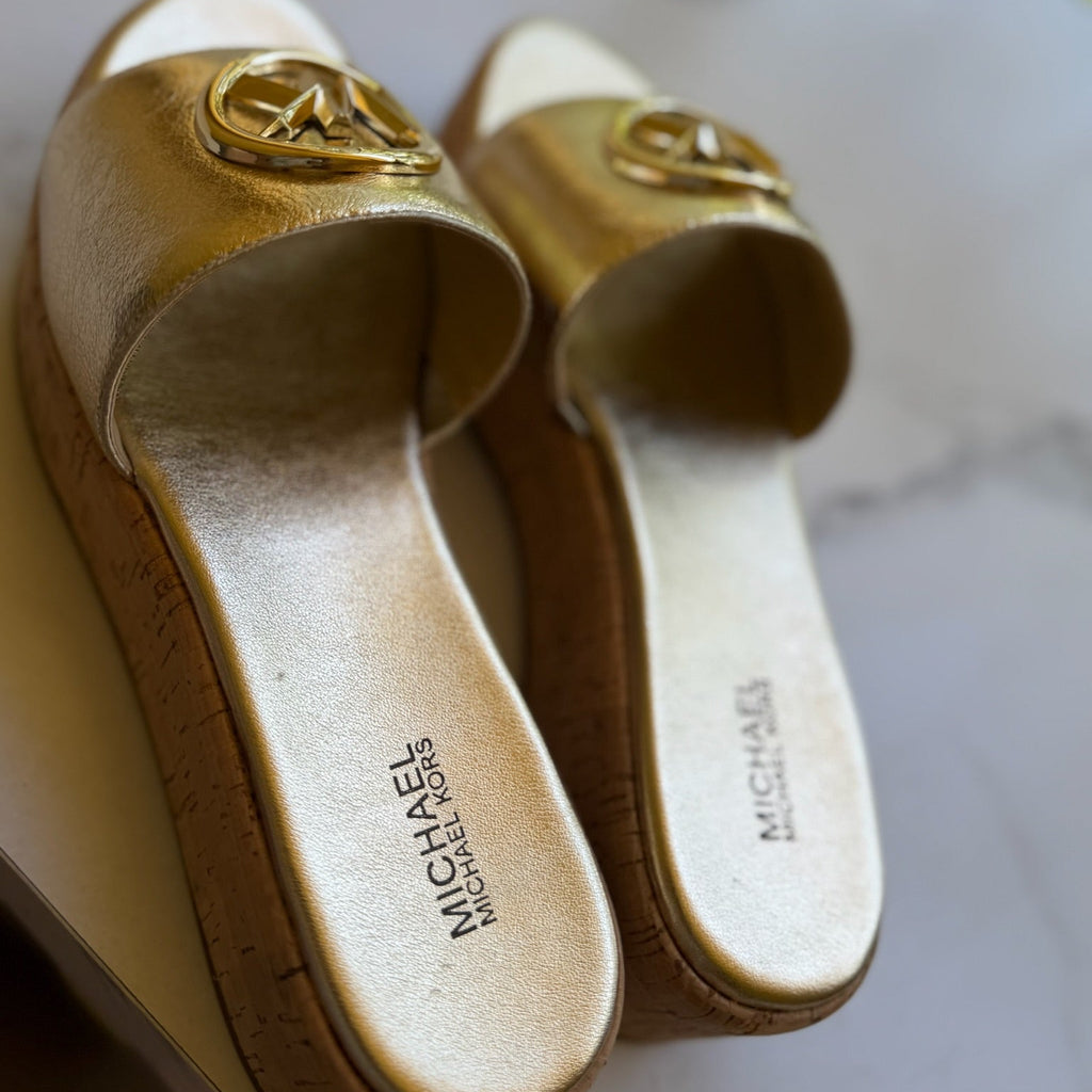 Michael Kors Gold Cork Wedge Sandals Size 8