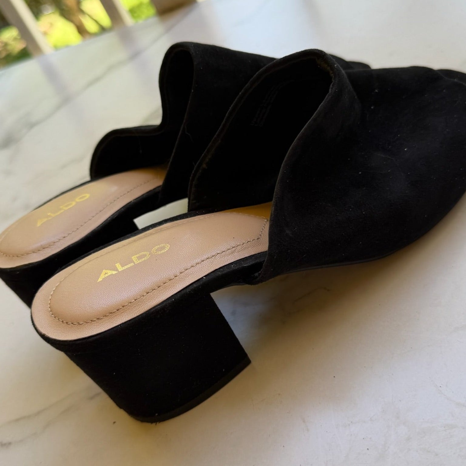 Aldo Black Suede Block Heel Mules Size 8.5