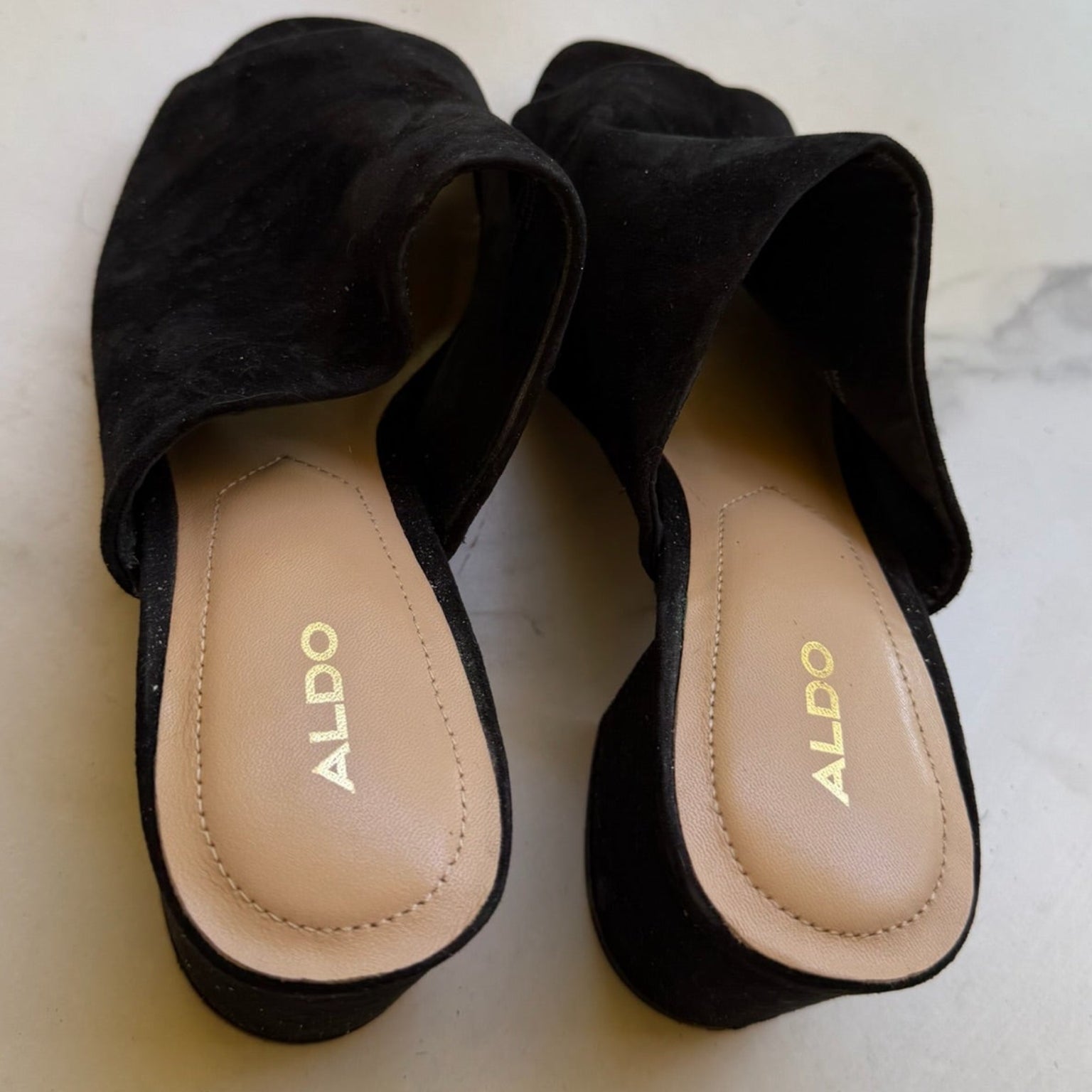 Aldo Black Suede Block Heel Mules Size 8.5