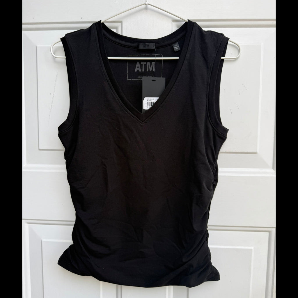 ATM Anthony Thomas Melillo Black Ruched Sleeveless V-Neck Size Small