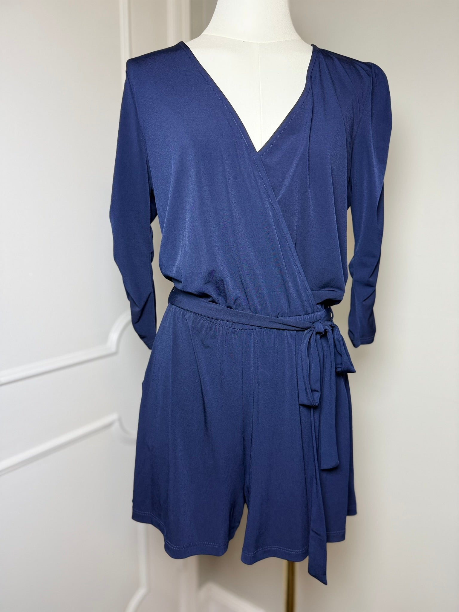 Veronica M Navy Shirred Sleeve Wrap Romper Size Small