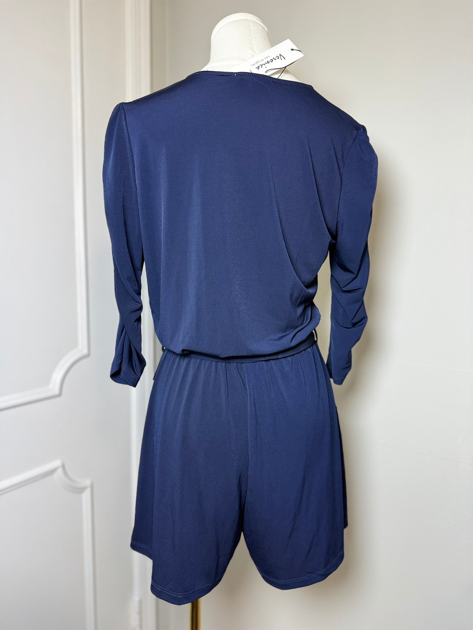 Veronica M Navy Shirred Sleeve Wrap Romper Size Small