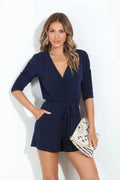 Veronica M Navy Shirred Sleeve Wrap Romper Size Small