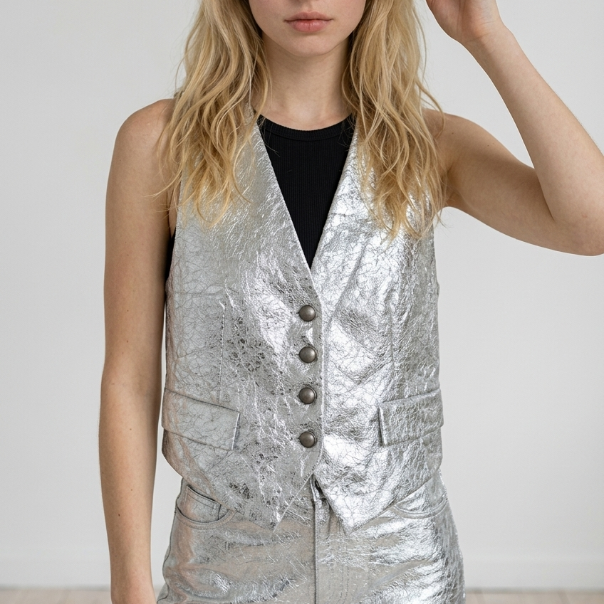 A*STORY Metallic Silver Cropped Waistcoat Vest Size Small